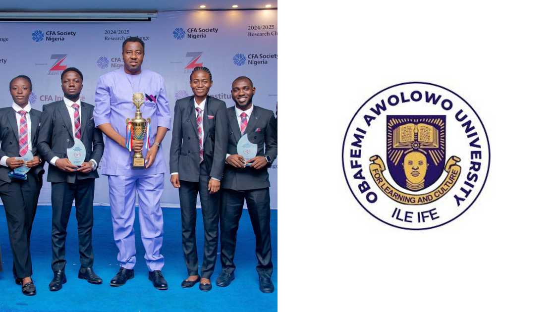 Obafemi Awolowo University students and staff receiving a trophy and awards at a ceremony and the institution's logo Obafemi Awolowo University students and staff receiving a trophy and awards at a ceremony and the institution's logo