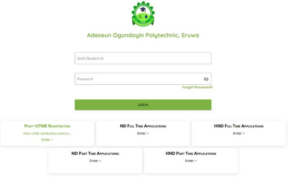 A screenshot of the Adeseun Ogundoyin Polytechnic Eruwa admission portal. A screenshot of the Adeseun Ogundoyin Polytechnic Eruwa admission portal.
