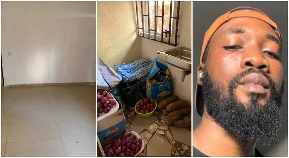 Photos of a man showing his kitchen. Photos of a man showing his kitchen.