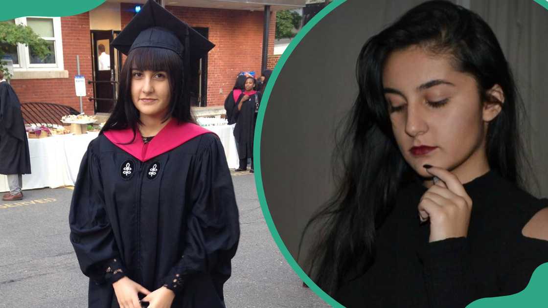 Eugenie Carys de Silva in a graduation gown (L). Eugenie Carys de Silva poses for a picture in black pants and a sweater (R).