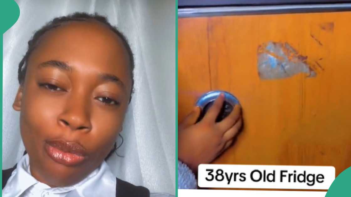 Lady shows an old fridge in her father's house. Lady shows an old fridge in her father's house.