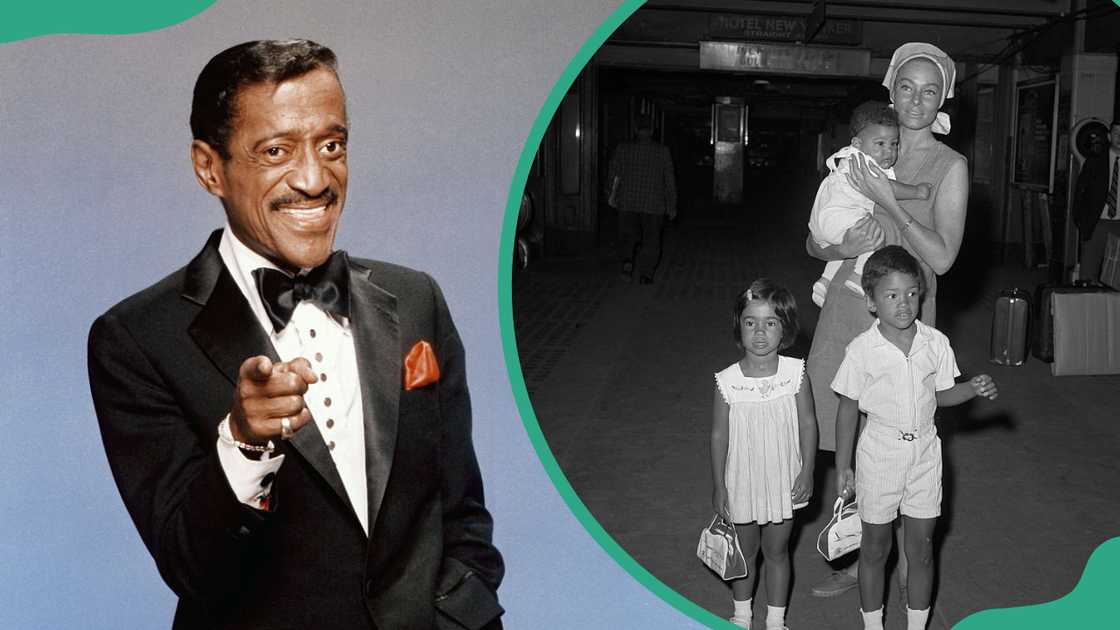 Actor Sammy Davis Jr. poses for a portrait in 1988 (L) and Britt with her children, Jeff, 6 months old; Tracey, 4 years old; and Mark, five years old (R)