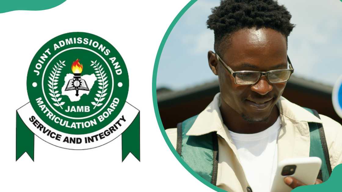 The JAMB logo and a young man with afro hair is using a smartphone