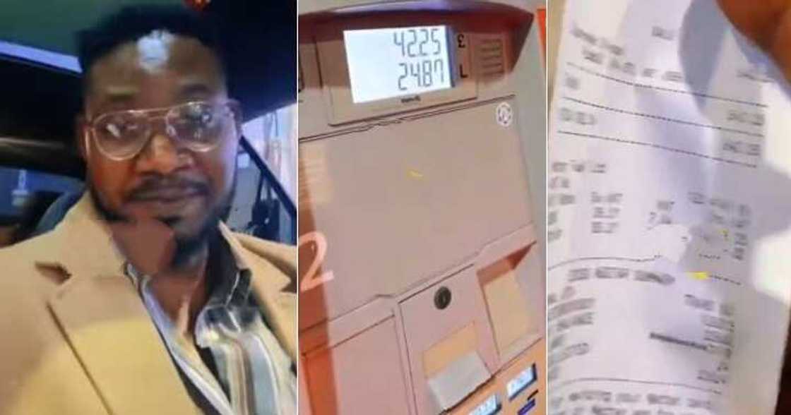 Abroad-based man displays price of fuel in UK Abroad-based man displays price of fuel in UK