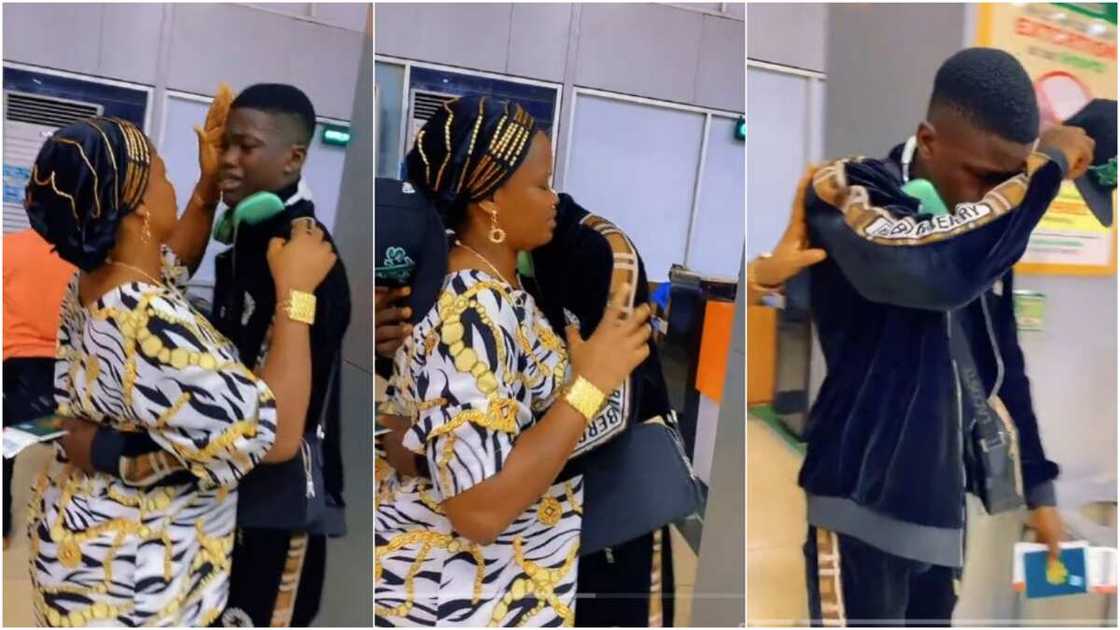 Emotional moment between mother & travelling son Emotional moment between mother & travelling son