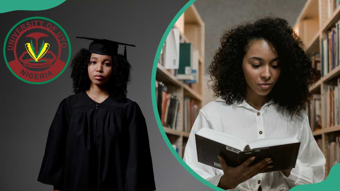 A woman (L) in a graduation dress poses next to the UNIUYO logo. Another lady (R) in a white top is reading a book