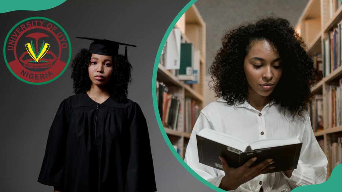 A woman (L) in a graduation dress poses next to the UNIUYO logo. Another lady (R) in a white top is reading a book A woman (L) in a graduation dress poses next to the UNIUYO logo. Another lady (R) in a white top is reading a book