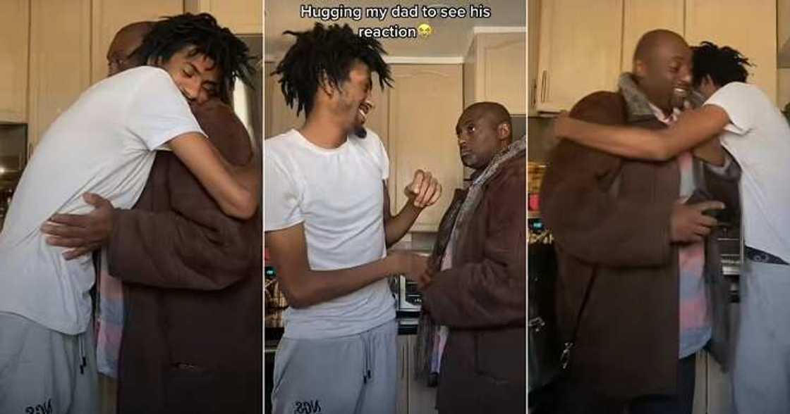 Man hugs dad to see his reaction Man hugs dad to see his reaction