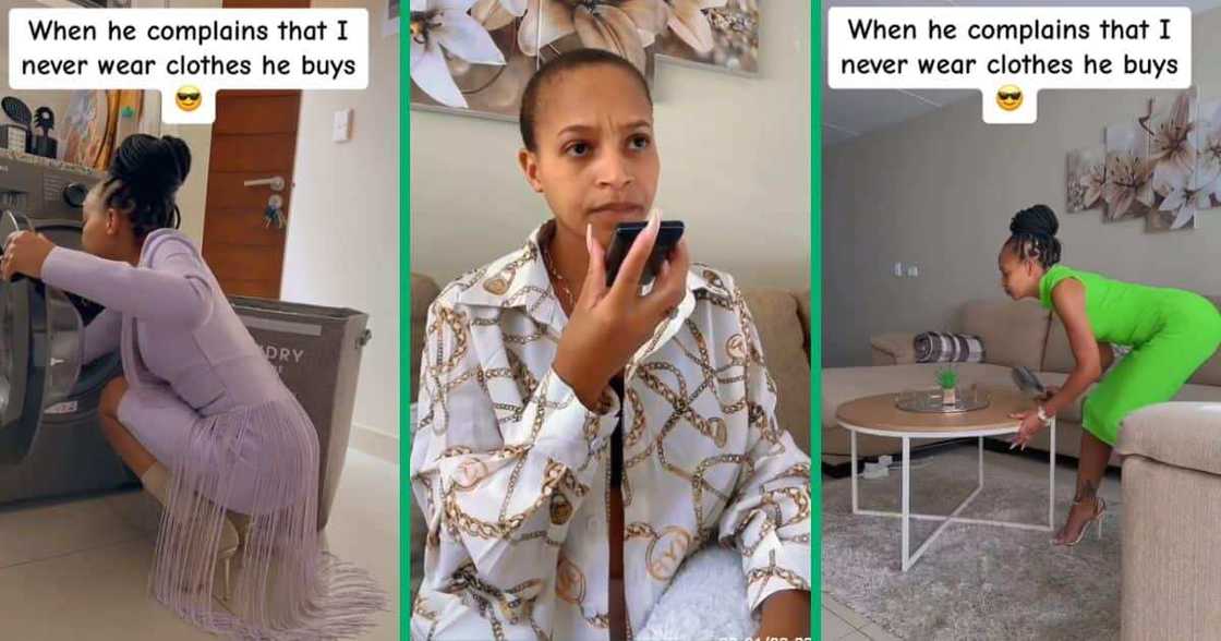 Woman cleans in stylish dresses Woman cleans in stylish dresses