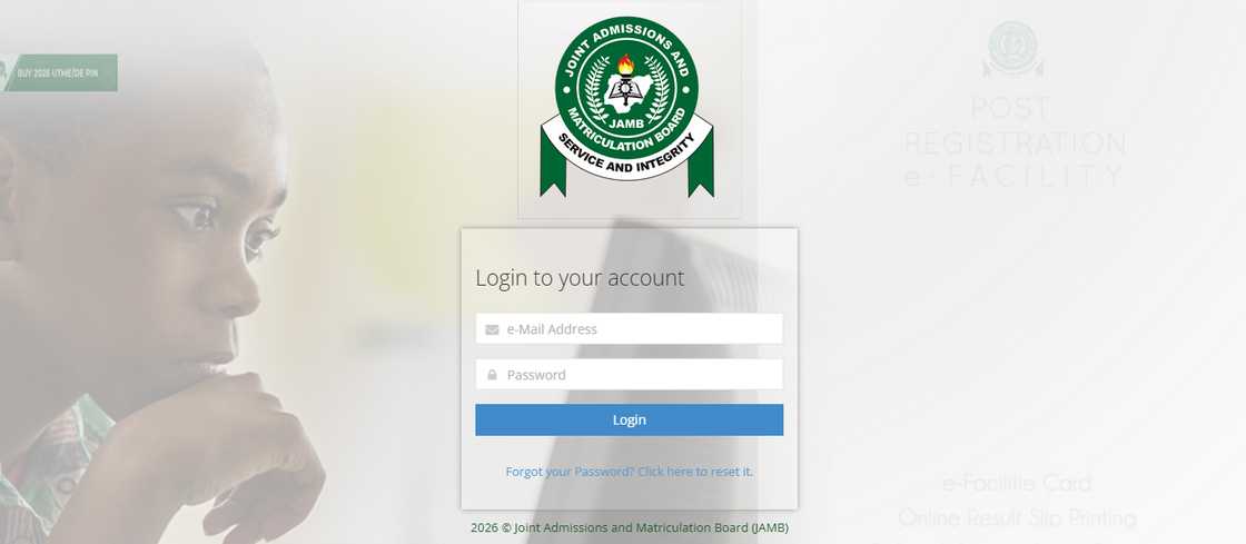 The JAMB eFacility portal homepage The JAMB eFacility portal homepage