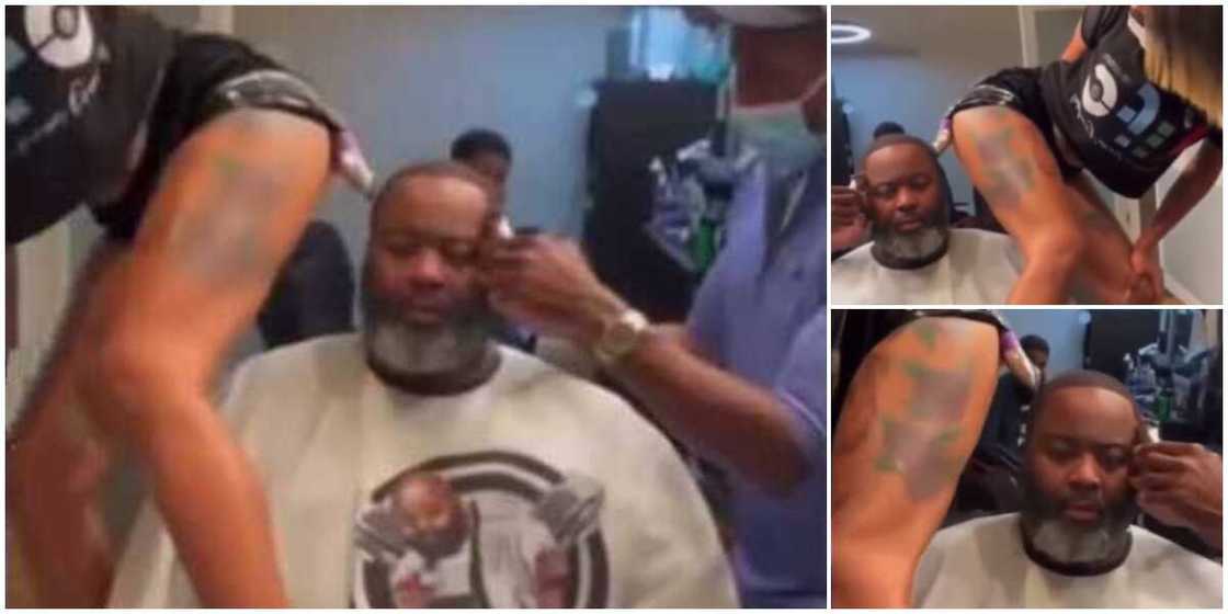 Social media reacts as female barber shaves man's hair with clipper in her backside in viral video Social media reacts as female barber shaves man's hair with clipper in her backside in viral video