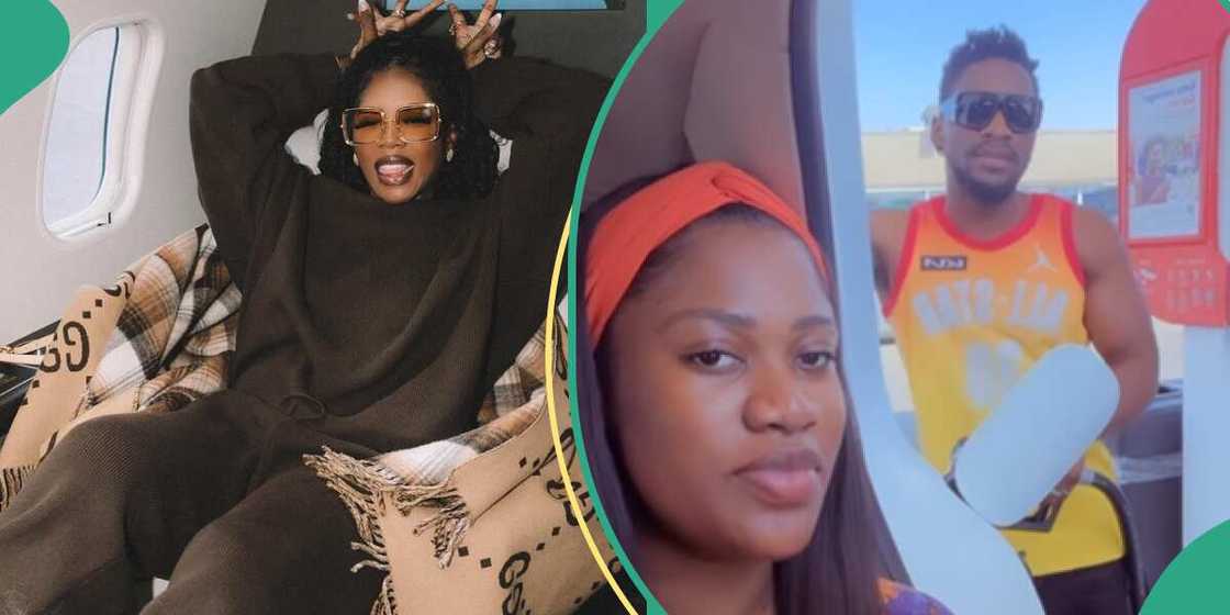 Tiwa Savage reacts to Tobi Bakre being playful with his wife Anu.