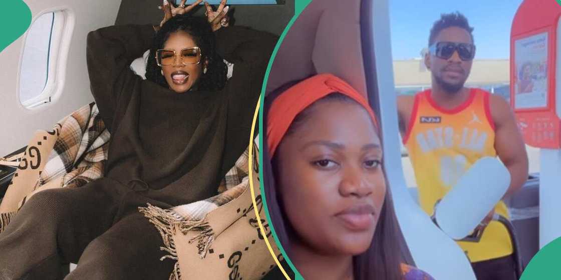 Tiwa Savage reacts to Tobi Bakre being playful with his wife Anu. Tiwa Savage reacts to Tobi Bakre being playful with his wife Anu.