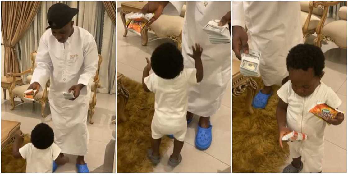 Zlatan Ibile's son picks cheese balls over dollars in video Zlatan Ibile's son picks cheese balls over dollars in video