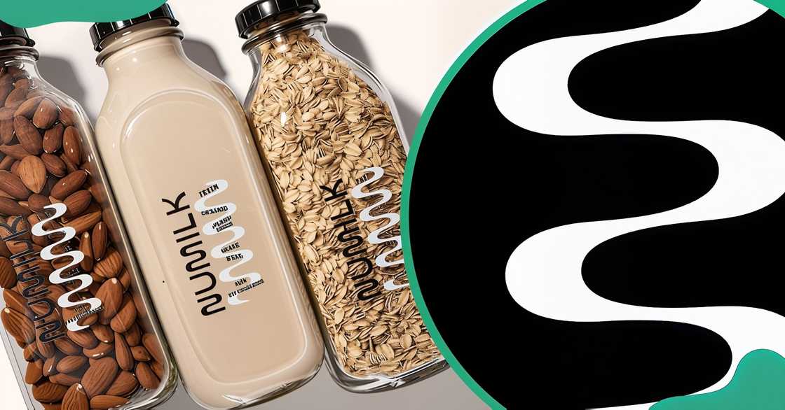 Glasses of Numilk products. The company logo