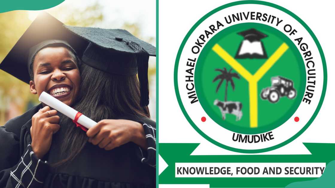 Two graduates embracing each other on graduation day (L). MOUAU logo (R) Two graduates embracing each other on graduation day (L). MOUAU logo (R)