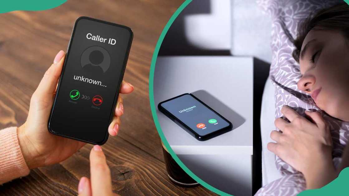 A person receiving a call from unknown number (L). A person sleeping while the phone is ringing from unknown caller (R) A person receiving a call from unknown number (L). A person sleeping while the phone is ringing from unknown caller (R)
