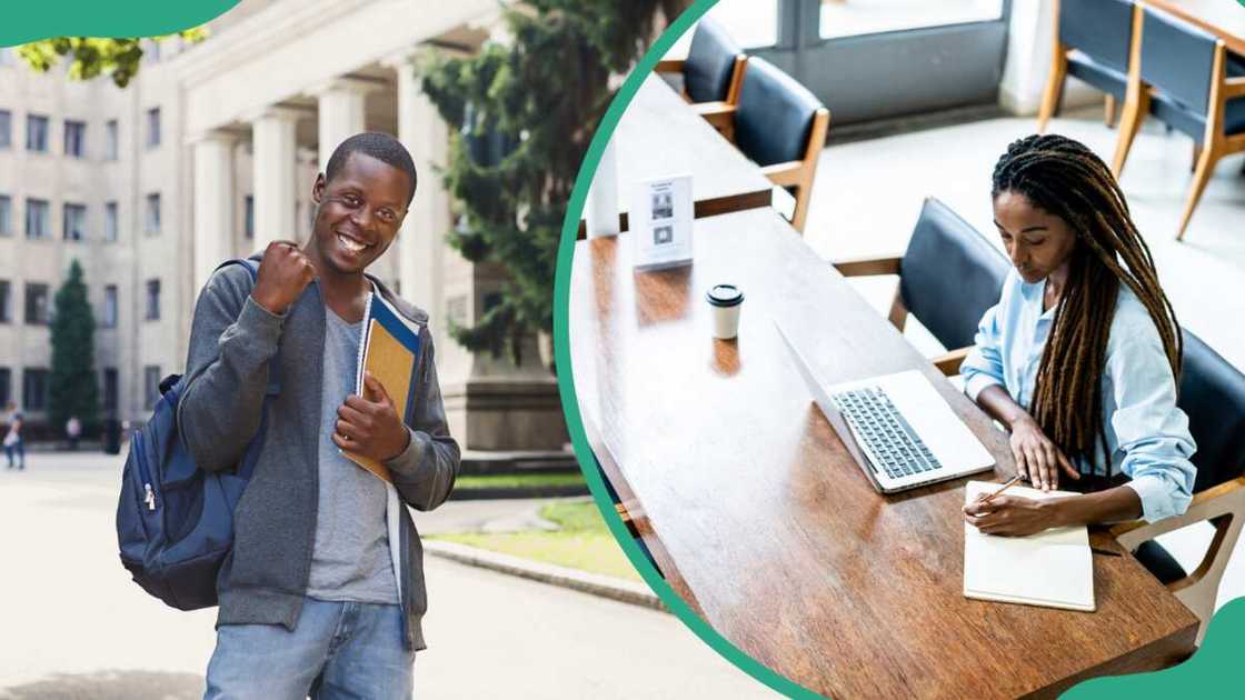 A student with books outside a university building (L). A lady using the laptop in the library (R)