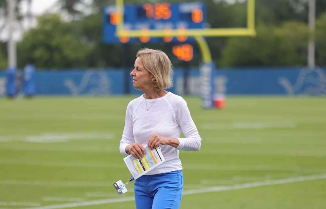 Sheila Ford Hamp looks across the field during a training camp