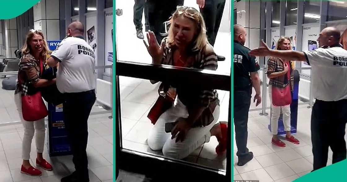Passenger in tears after being stopped from boarding plane. Passenger in tears after being stopped from boarding plane.