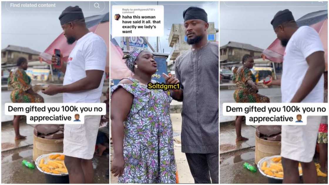 N100k giveaway on the street/Man gives woman money. N100k giveaway on the street/Man gives woman money.
