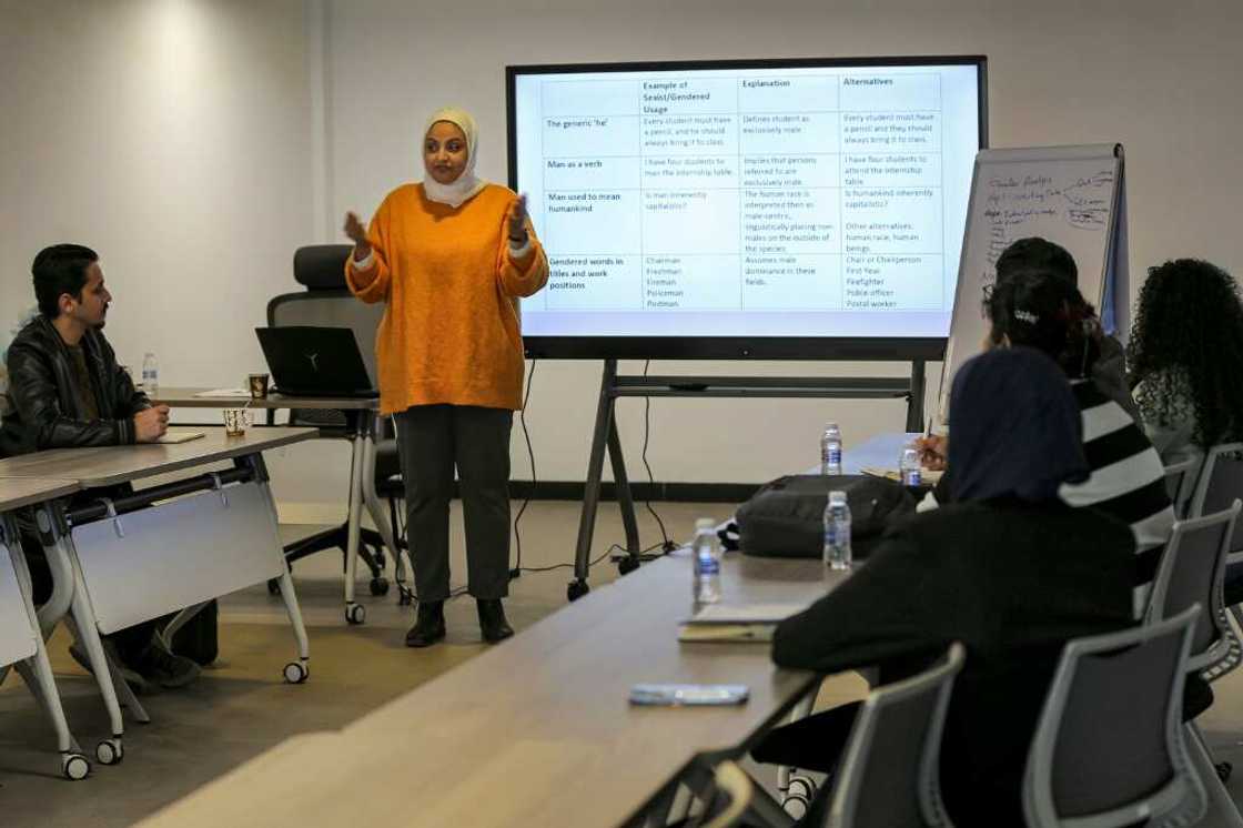 Shumoos Ghanem, entrepreneur and founder of the "Iraqi Women in Business" initiative, addresses participants during a workshop in Iraq's capital Baghdad Shumoos Ghanem, entrepreneur and founder of the "Iraqi Women in Business" initiative, addresses participants during a workshop in Iraq's capital Baghdad