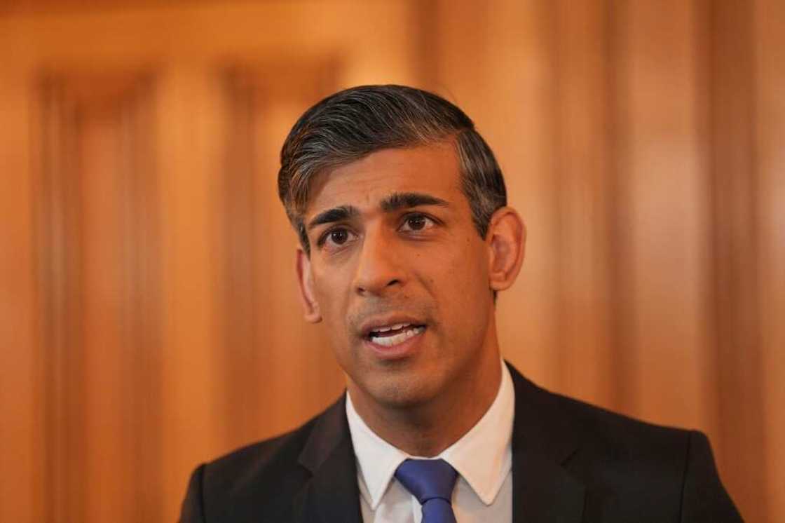 Britain's Prime Minister Rishi Sunak issues a statement inside 10 Downing Street, London, on May 31, 2024 Britain's Prime Minister Rishi Sunak issues a statement inside 10 Downing Street, London, on May 31, 2024