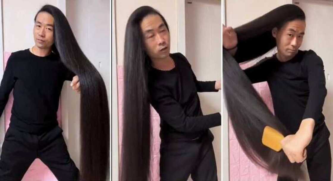 Photos of a young man showing off his long hair. Photos of a young man showing off his long hair.