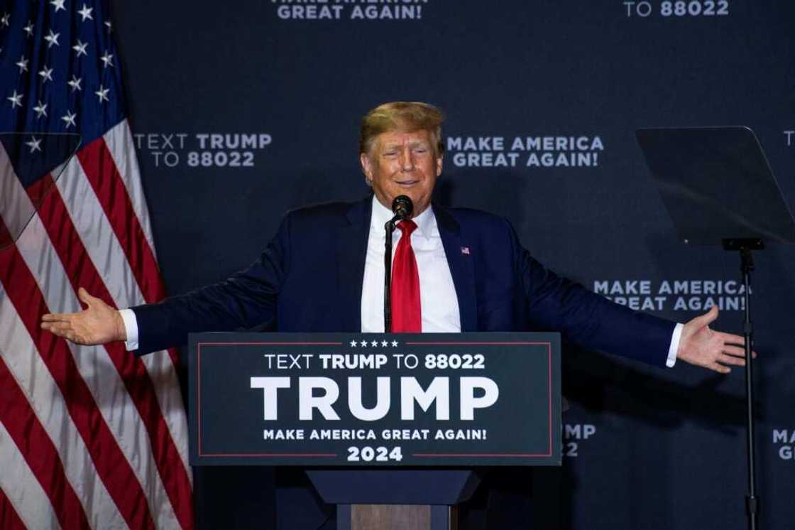 Former US President Donald Trump speaks during a campaign event in Manchester, New Hampshire, on April 27, 2023 Former US President Donald Trump speaks during a campaign event in Manchester, New Hampshire, on April 27, 2023
