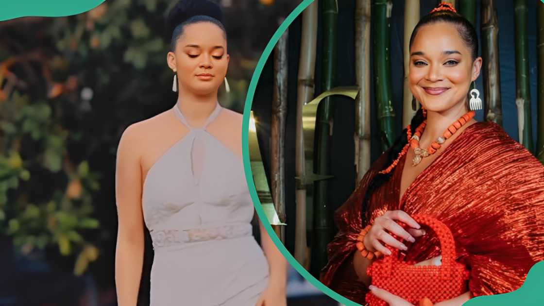 Bridget Johnson wearing a white dress and red traditional clothing