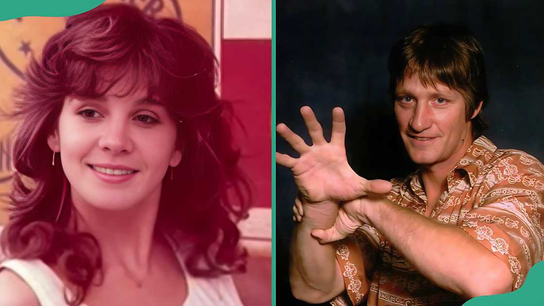 Pam Adkisson posing for a photo and her husband Kevin Von Erich showing hands gesture Pam Adkisson posing for a photo and her husband Kevin Von Erich showing hands gesture