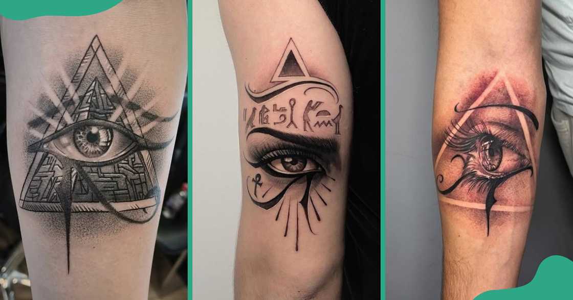 Eye of Horus tattoos with pyramid on the leg and arms.