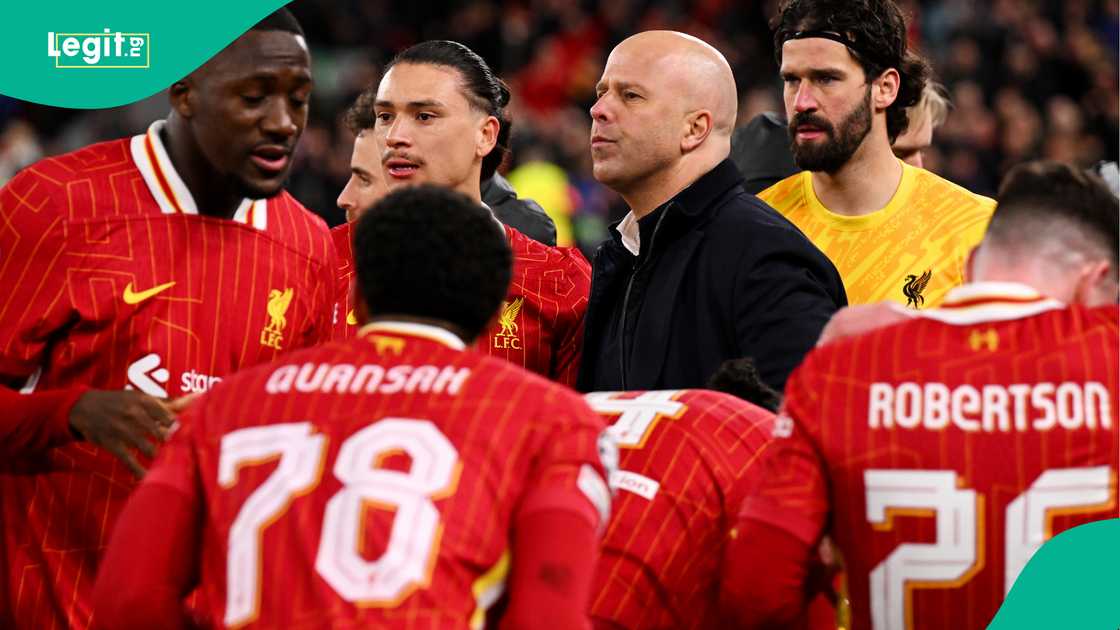 Ibrahima Konate, Darwin Nunez, Jarell Quansah, Andrew Robertson, Alisson Becker, Arne Slot, Paris Saint-Germain, Virgil van Dijk, Anfield, Liverpool, England, UEFA Champions League. Ibrahima Konate, Darwin Nunez, Jarell Quansah, Andrew Robertson, Alisson Becker, Arne Slot, Paris Saint-Germain, Virgil van Dijk, Anfield, Liverpool, England, UEFA Champions League.