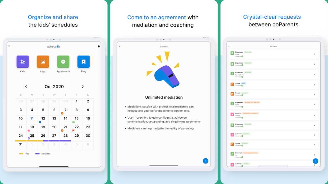 Main features of coParenter. Main features of coParenter.