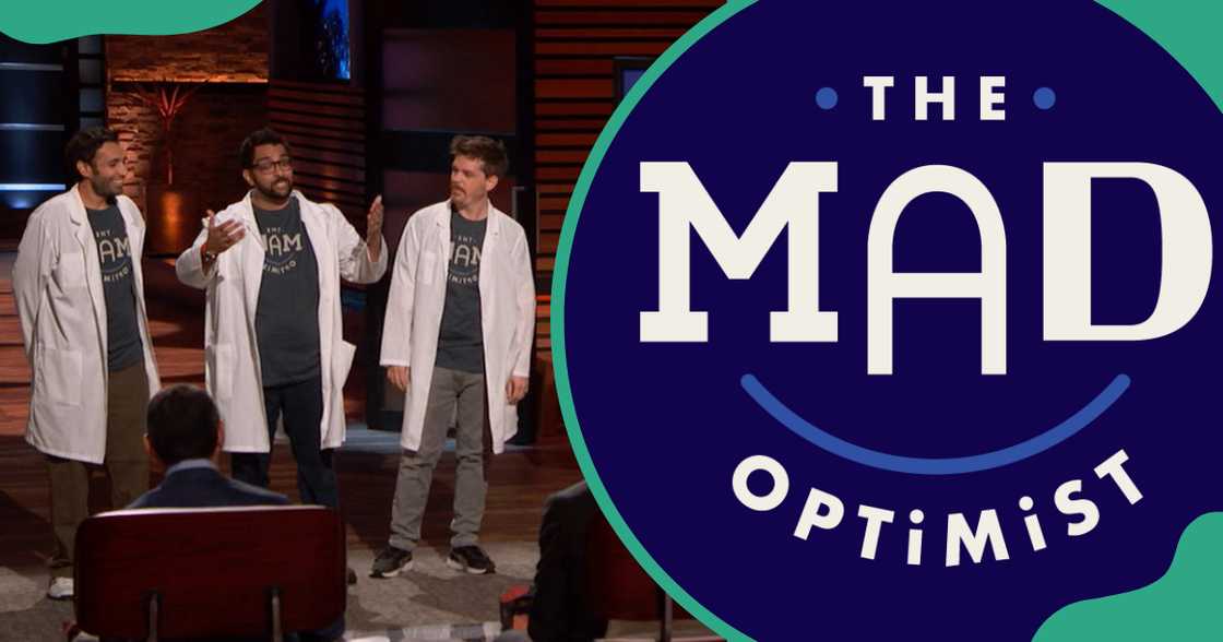 Mohammed M. Mahdi, Mohammed A. Mahdi, and Anthony Duncan during their pitch during Shark Tank. The Mad Optimist logo.