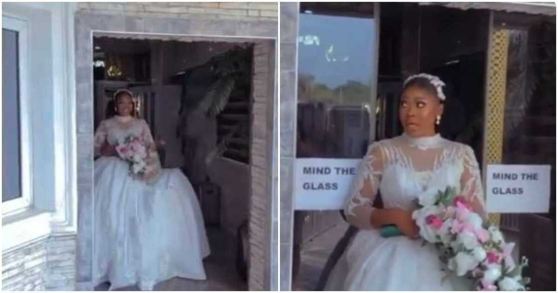 Reactions as pretty bride screams in fear after automated door held back her wedding dress Reactions as pretty bride screams in fear after automated door held back her wedding dress