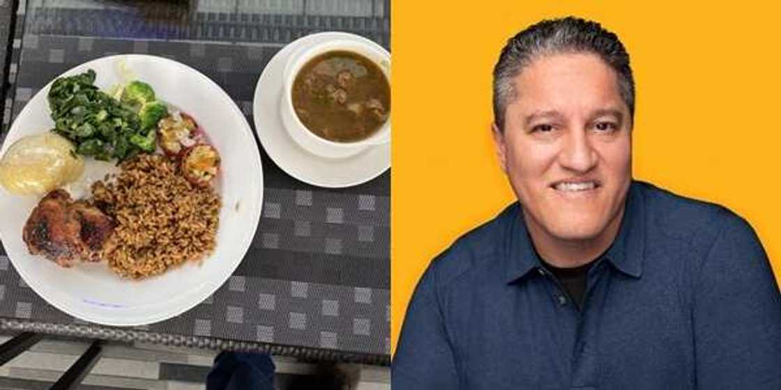 Oyimbo man named Jason Marshall serves himself Nigerian Jollof Rice and eba on the same plate Oyimbo man named Jason Marshall serves himself Nigerian Jollof Rice and eba on the same plate