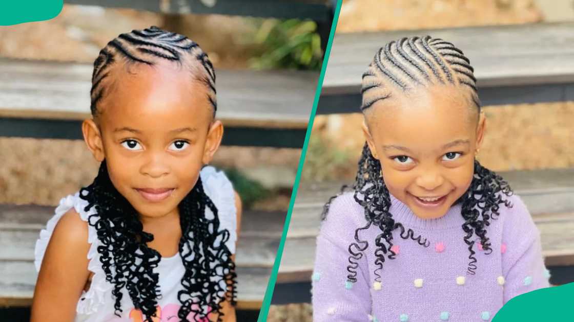 A girl wearing All-back cornrows with curly ends A girl wearing All-back cornrows with curly ends