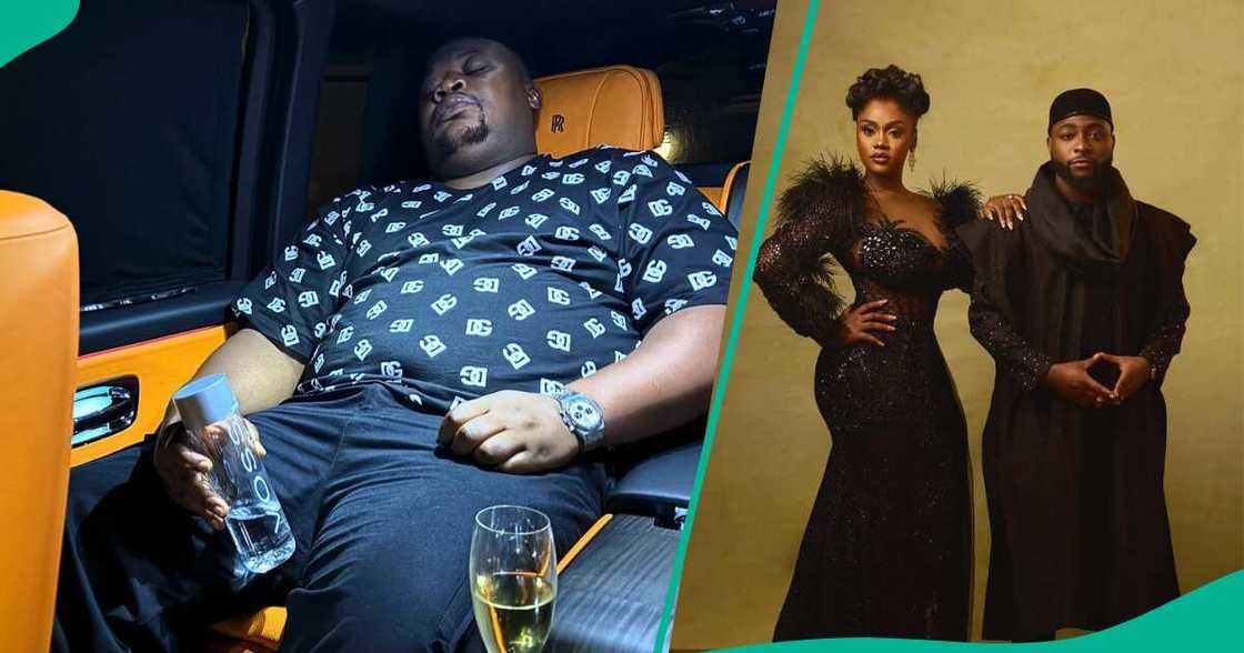 Celebrity bar man Cubana Chiefpriest matches outfit with his car interior to Davido's wedding.