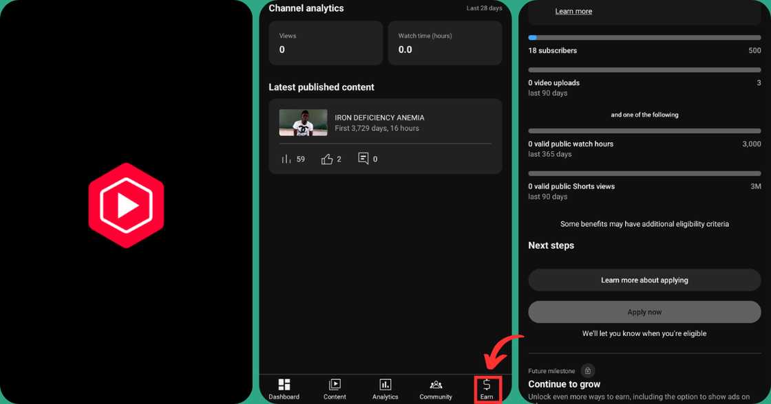 Screenshots of the YouTube Studio mobile app dashboard and earn section Screenshots of the YouTube Studio mobile app dashboard and earn section