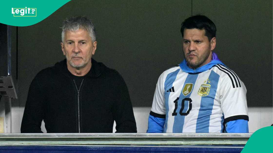 Lionel Messi's father, Jorge Messi (L), and brother Rodrigo watching Argentina match in Buenos Aires on November 19, 2024. Photo by JUAN MABROMATA