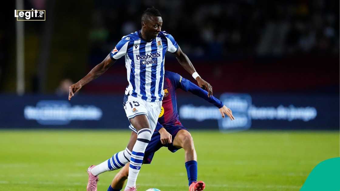 Sadiq Umar, La Liga, Barcelona, Real Sociedad, Estadi Olimpic Lluis Companys, Spain. Sadiq Umar, La Liga, Barcelona, Real Sociedad, Estadi Olimpic Lluis Companys, Spain.