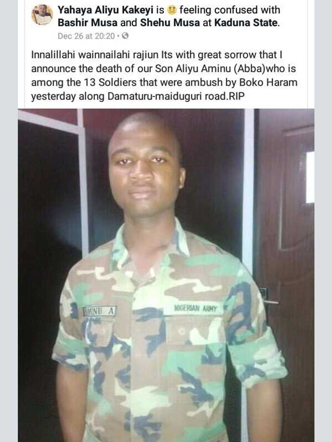 Aliyu Aminu: An kara gano wani matashin soja da ya mutu a sabon harin Boko Haram, hotuna Aliyu Aminu: An kara gano wani matashin soja da ya mutu a sabon harin Boko Haram, hotuna
