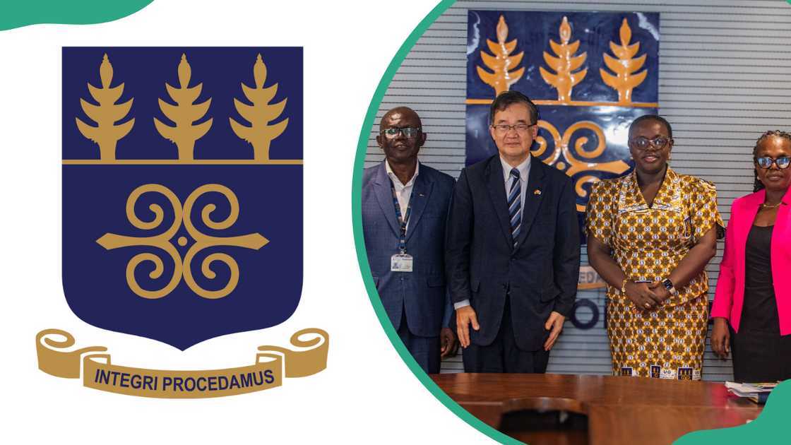 The University of Ghana logo and senior members of staff from the institution posing in front of a wall with the logo The University of Ghana logo and senior members of staff from the institution posing in front of a wall with the logo