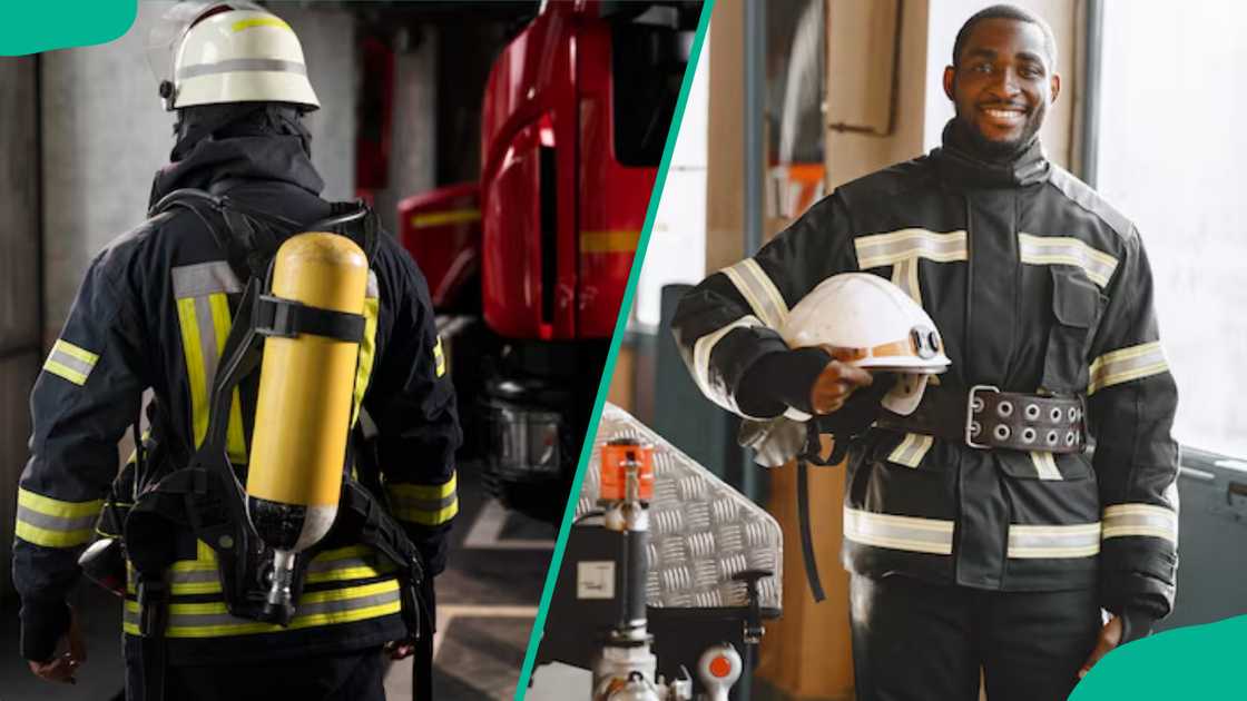Fire fighter in protective gear Fire fighter in protective gear