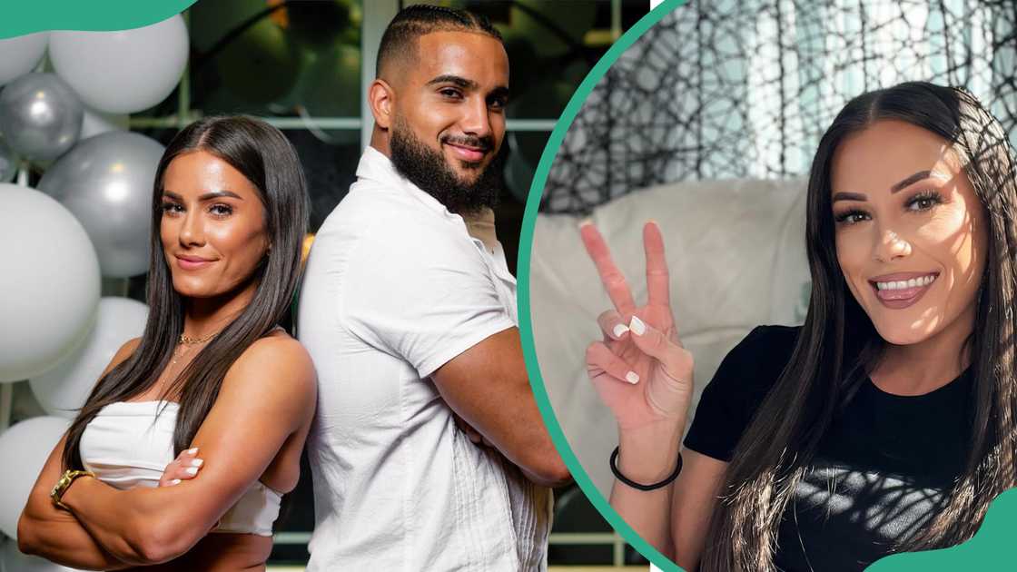 Kacy and her boyfriend Naoufal Abouelhouda standing back-to-back in a white outfit (L). Kacy smiling and making a peace sign with her fingers (R)