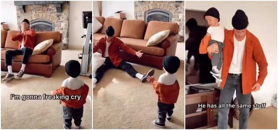 The man saw his son in the same outfit and it gladdened his heart. The man saw his son in the same outfit and it gladdened his heart.