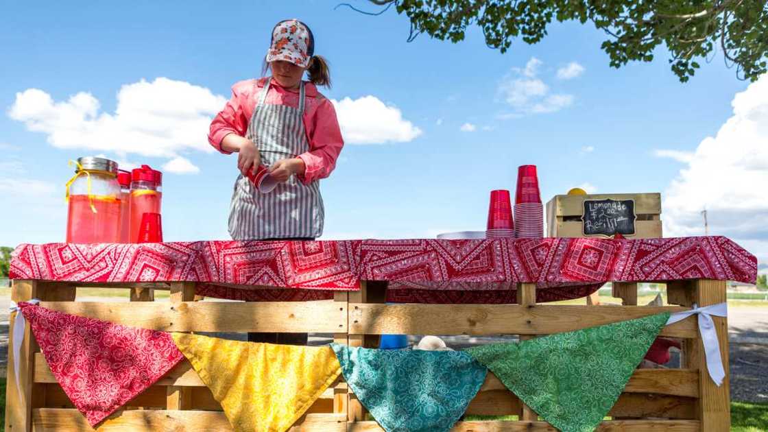 A woman selling drinks at lemonade stand at countryside