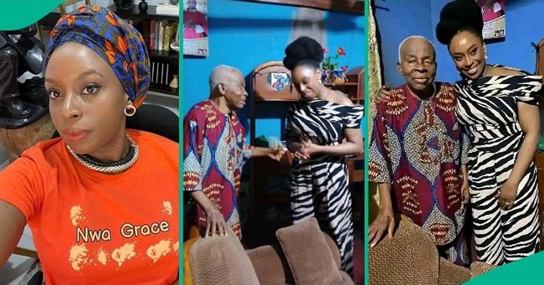 Chimamanda Adichie pays visit to kindergarten teacher in Nsukka to thank him for being different. Chimamanda Adichie pays visit to kindergarten teacher in Nsukka to thank him for being different.