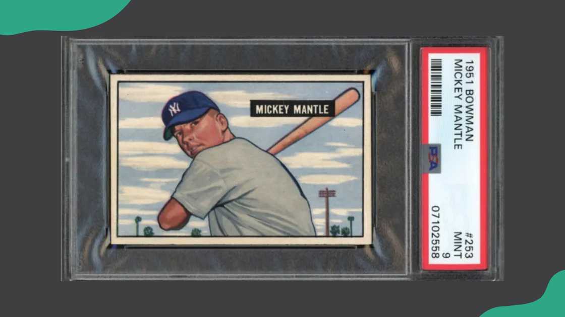 1951 Bowman Mickey Mantle rookie card, graded PSA 9. 1951 Bowman Mickey Mantle rookie card, graded PSA 9.